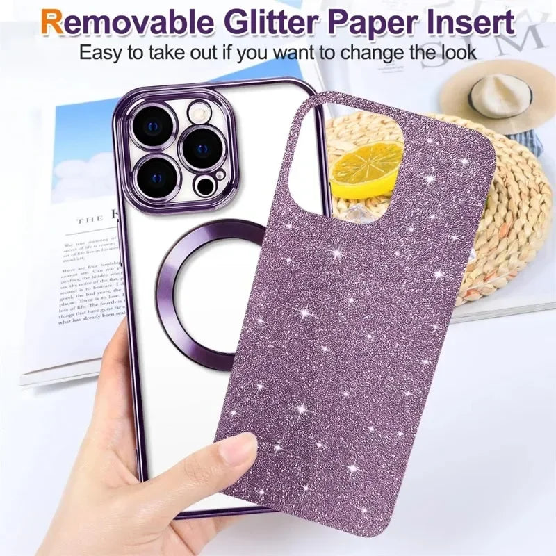 Electroplate Glitter Case For iPhone 16 15 14 13 12 11 Pro Max Plus For Magsafe Wireless Charge Bumper Cover With Lens Protector