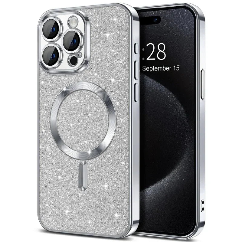 Electroplate Glitter Case For iPhone 16 15 14 13 12 11 Pro Max Plus For Magsafe Wireless Charge Bumper Cover With Lens Protector