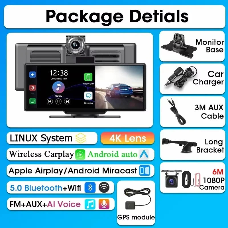 10.26" Dash Cam 4K DVR Car Mirror Video Player Wireless Carplay Android Auto Car Monitor Multimedia GPS Rearview Cam Dashboard