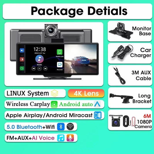 10.26" Dash Cam 4K DVR Car Mirror Video Player Wireless Carplay Android Auto Car Monitor Multimedia GPS Rearview Cam Dashboard